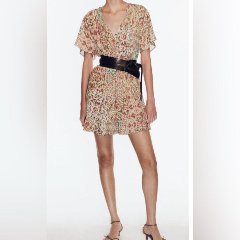 Zara Paisley Print Chiffon Ruffled Short Sleeve dress Size Medium
